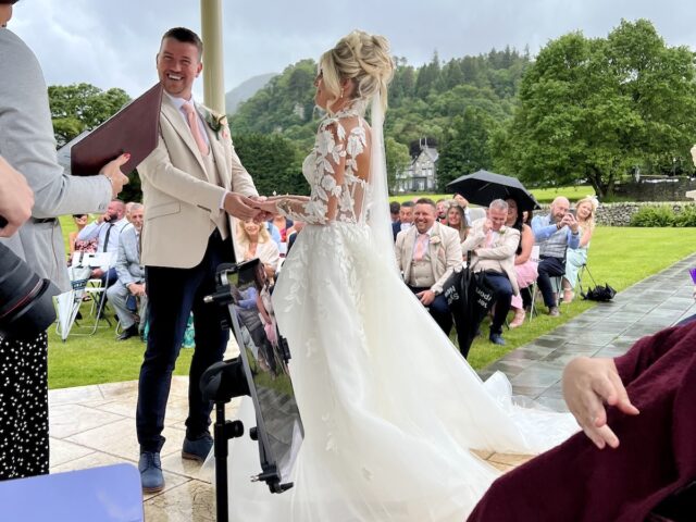 Bride and groom at a wedding in the lake district with JAM Duo Piano and Cello