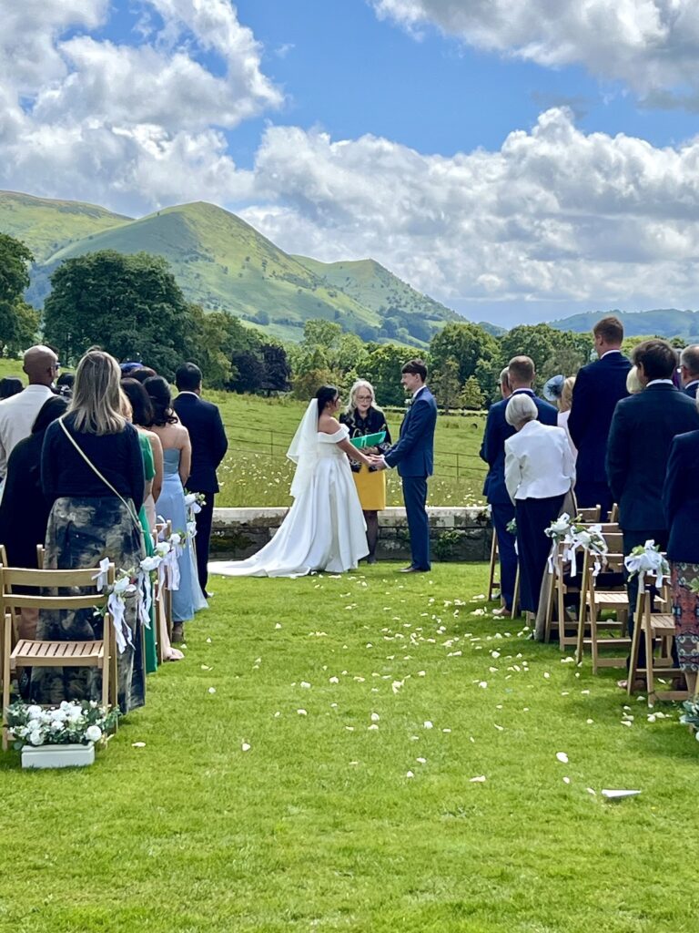 Wedding Ceremony at Plas Dinam Country House outside with registrar