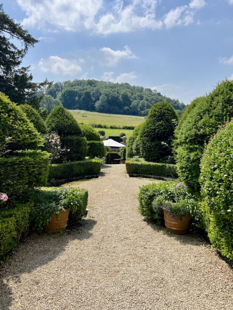 View through the gardens at Owlpen Manor in the Cotswolds