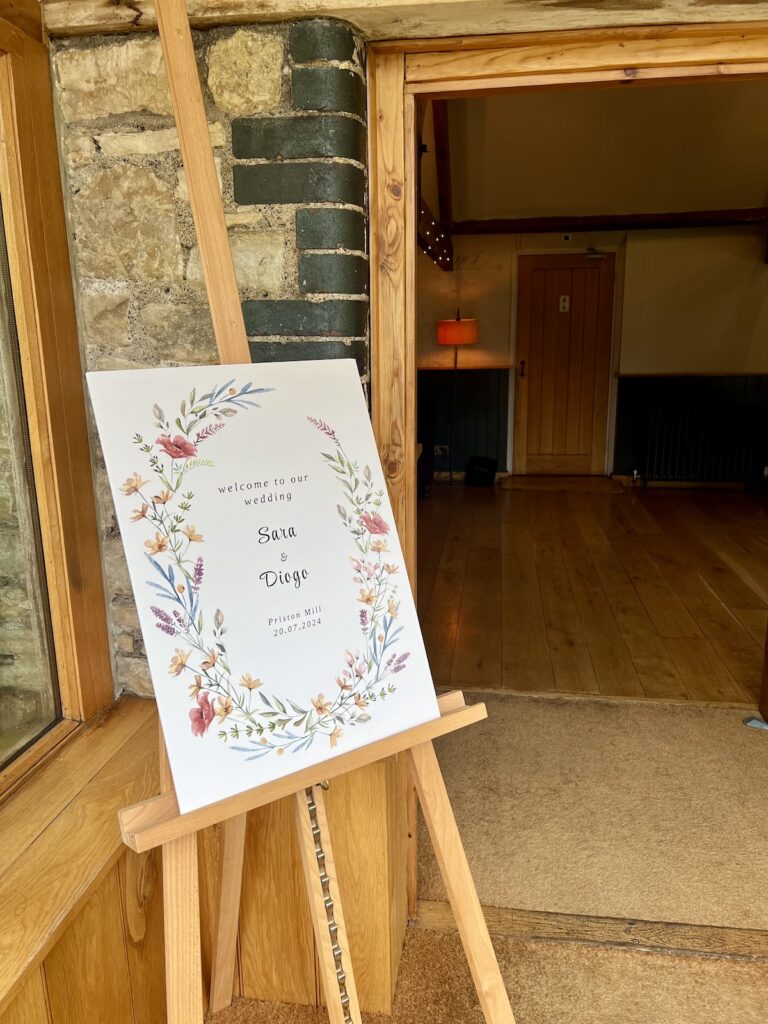 Wedding day welcome sign at Priston mill