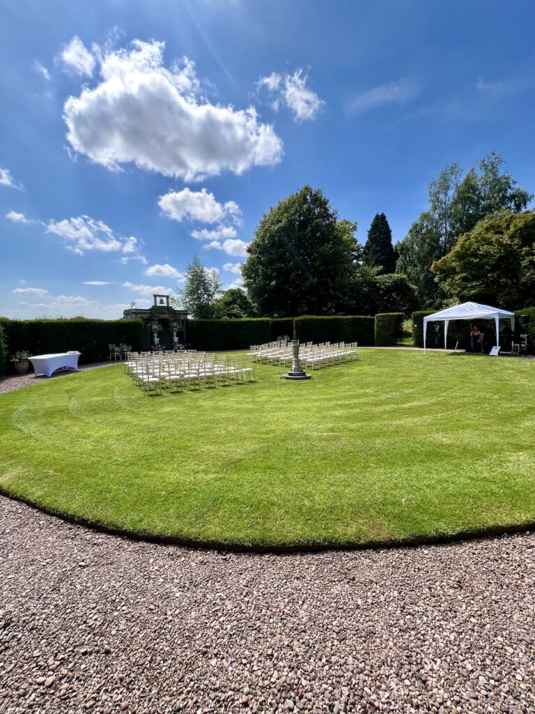 Ceremony area with musicians Jam Duo Cello and Piano at Sandon Hall