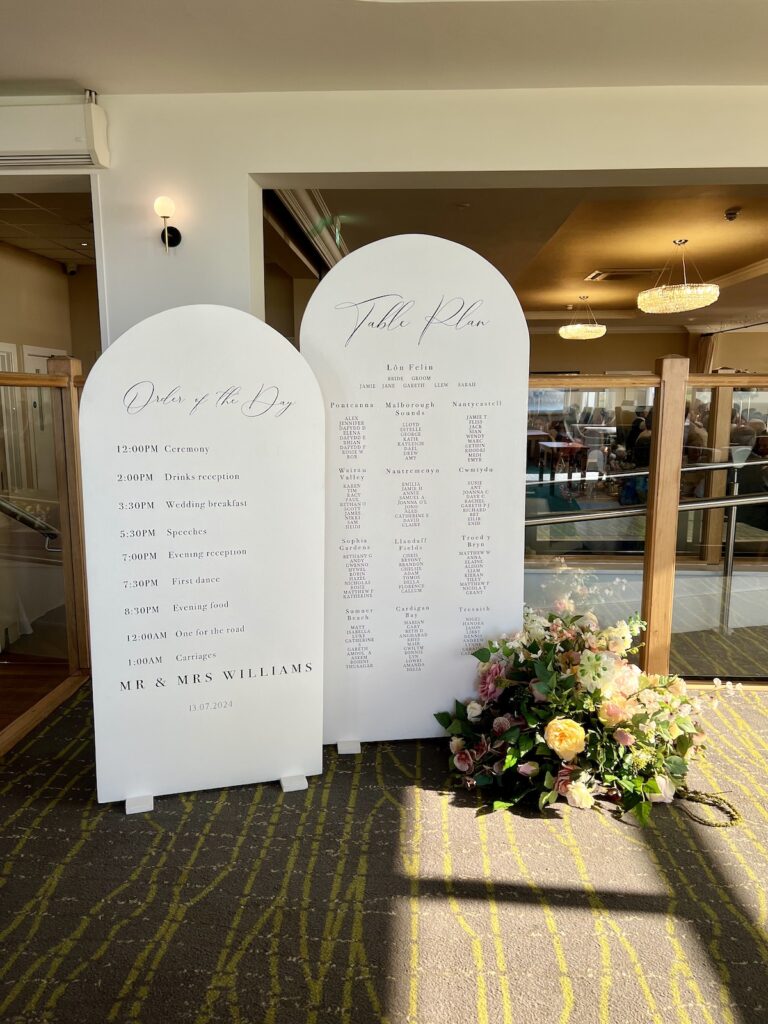 Welcome signs for a wedding in wales at the cliff hotel