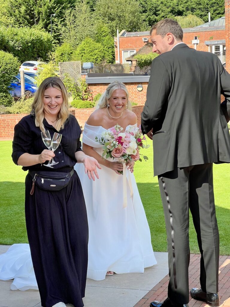 Bride, groom with Geogina Mitchell at Georgina Rose Events - The Post Barn Newbury