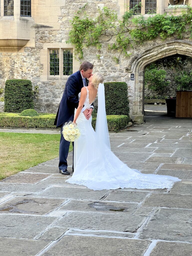 Bride and Groom in Castle Courtyard