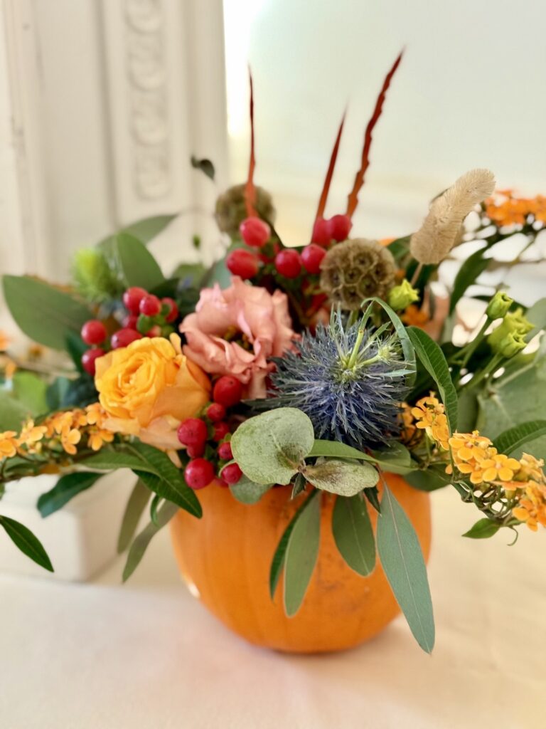 Flowers in pumpkin at Bawtry Hall near Doncaster