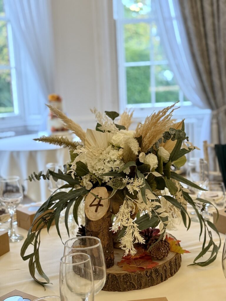 Table flowers for wedding breakfast at Bawtry Hall near Doncaster