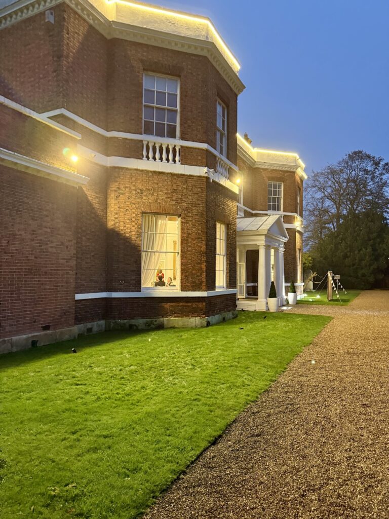 Exterior with lights on building at Bawtry Hall near Doncaster