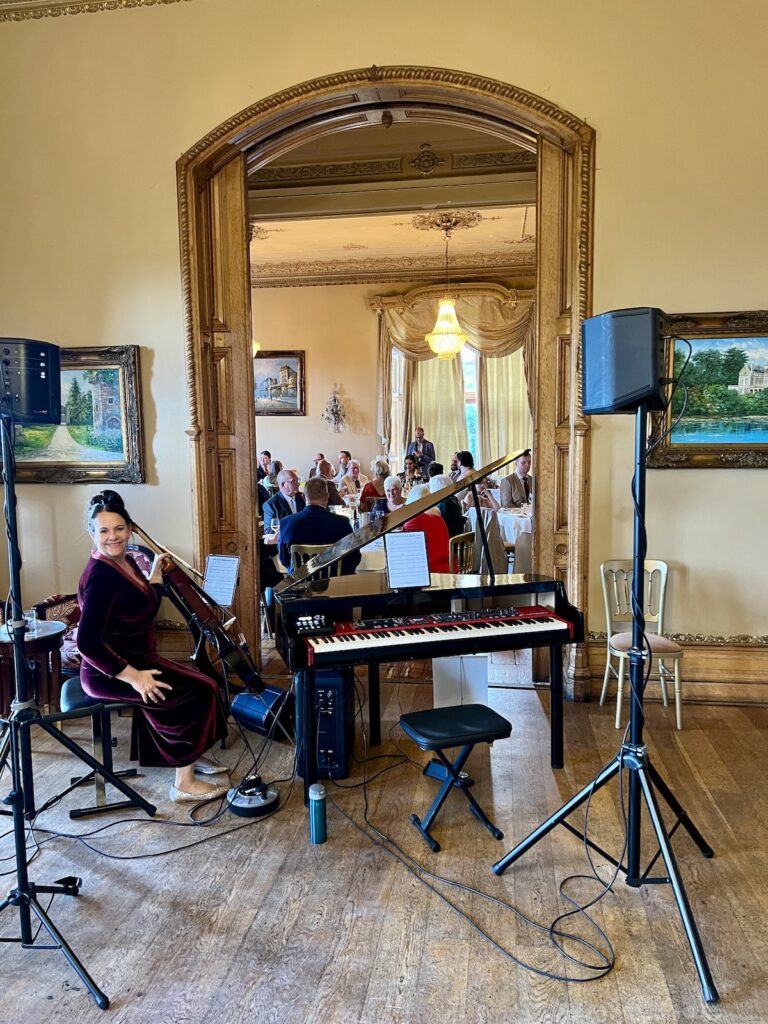 JAM Duo playing for the wedding meal at Orcharleigh House near Frome in Somerset