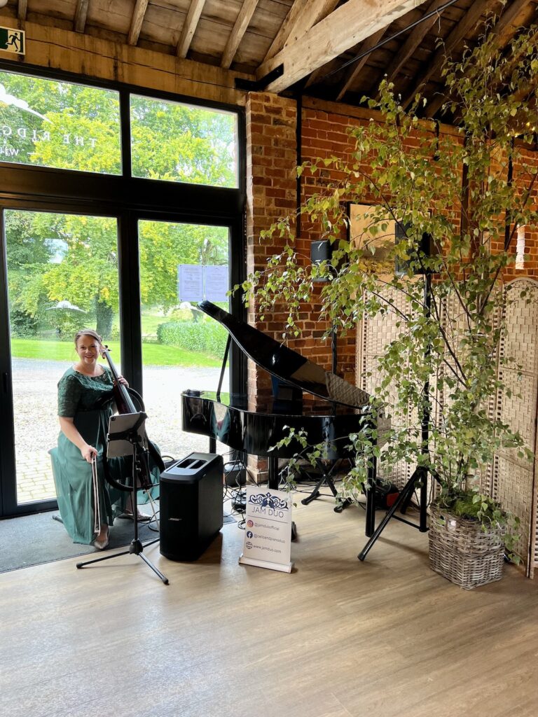 JAM Duo Piano and Cello playing for a ceremony in Wiltshire at Ridgeway Barns