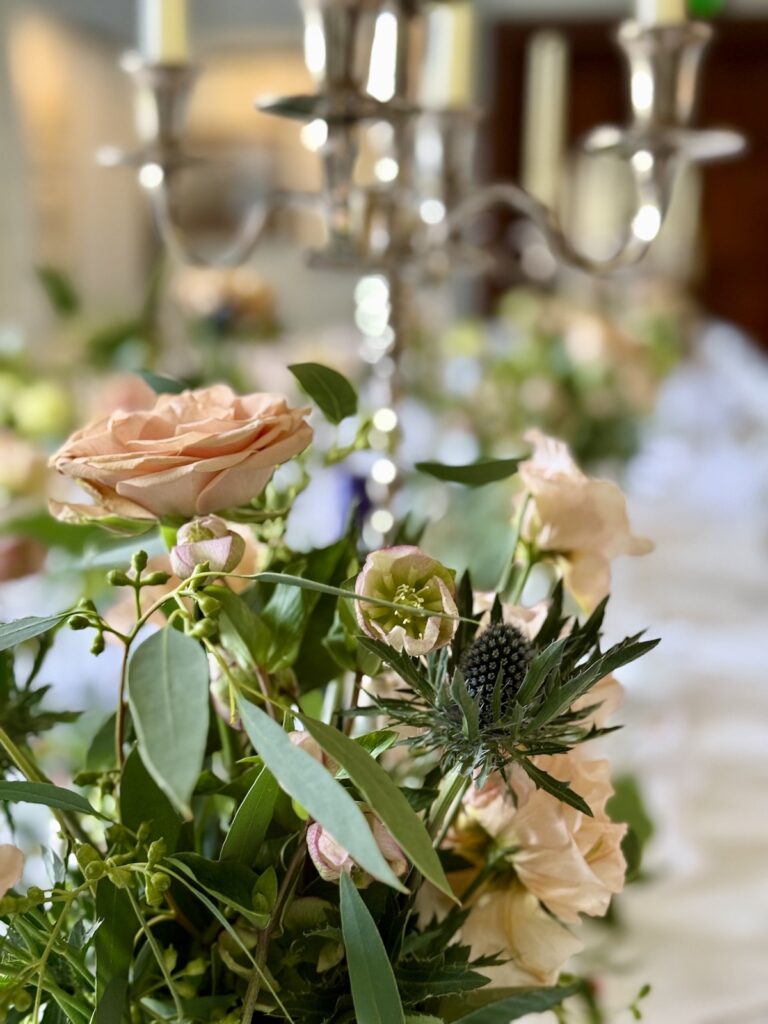 Flowers at a wedding at Llangoed Hall in Wales