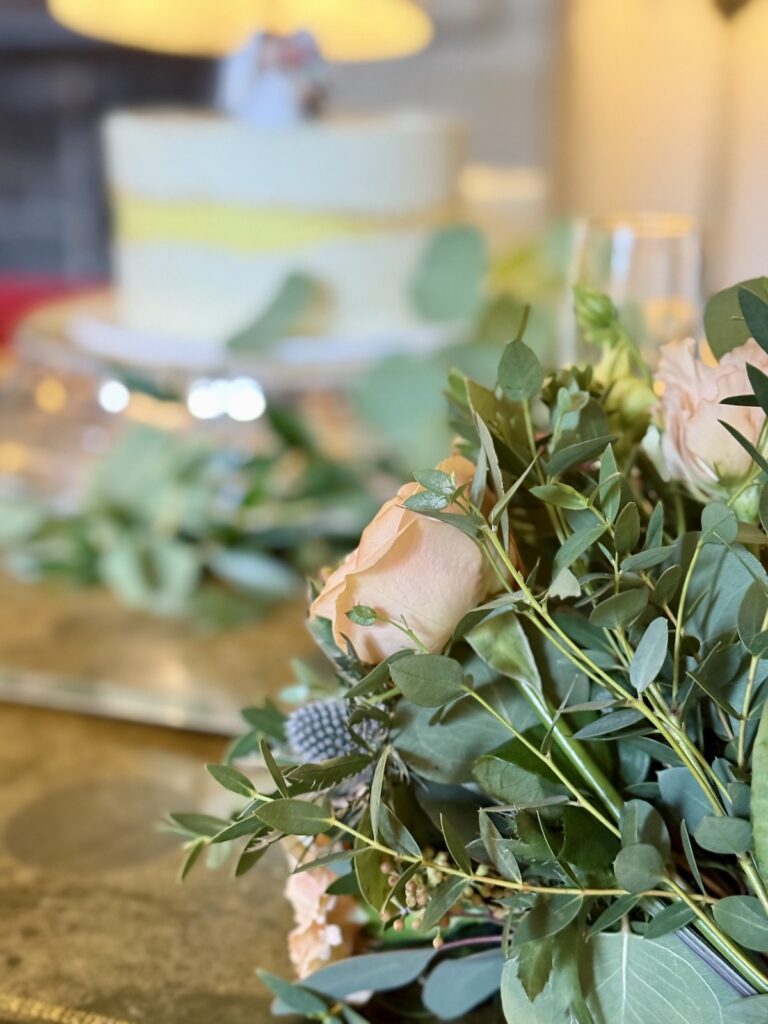 Floral display for a wedding at Llangoed Hall in Wales