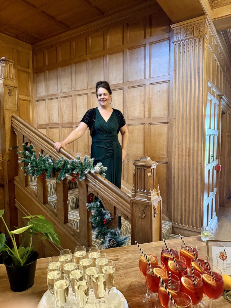 Anne Marie on the stairs at Coombe Lodge in Blagdon, Somerset