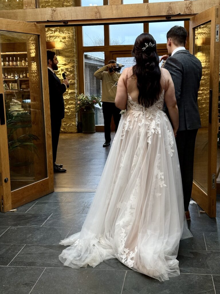 Bride and Groom ready for the meal at Huntsmill Farm in Buckinghamshire